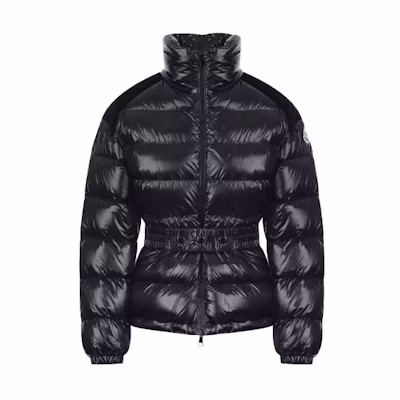 (Women) Moncler Celepine Black Down Jacket with Velvet Trim & Logo Belt. G20931A0005654AN2999