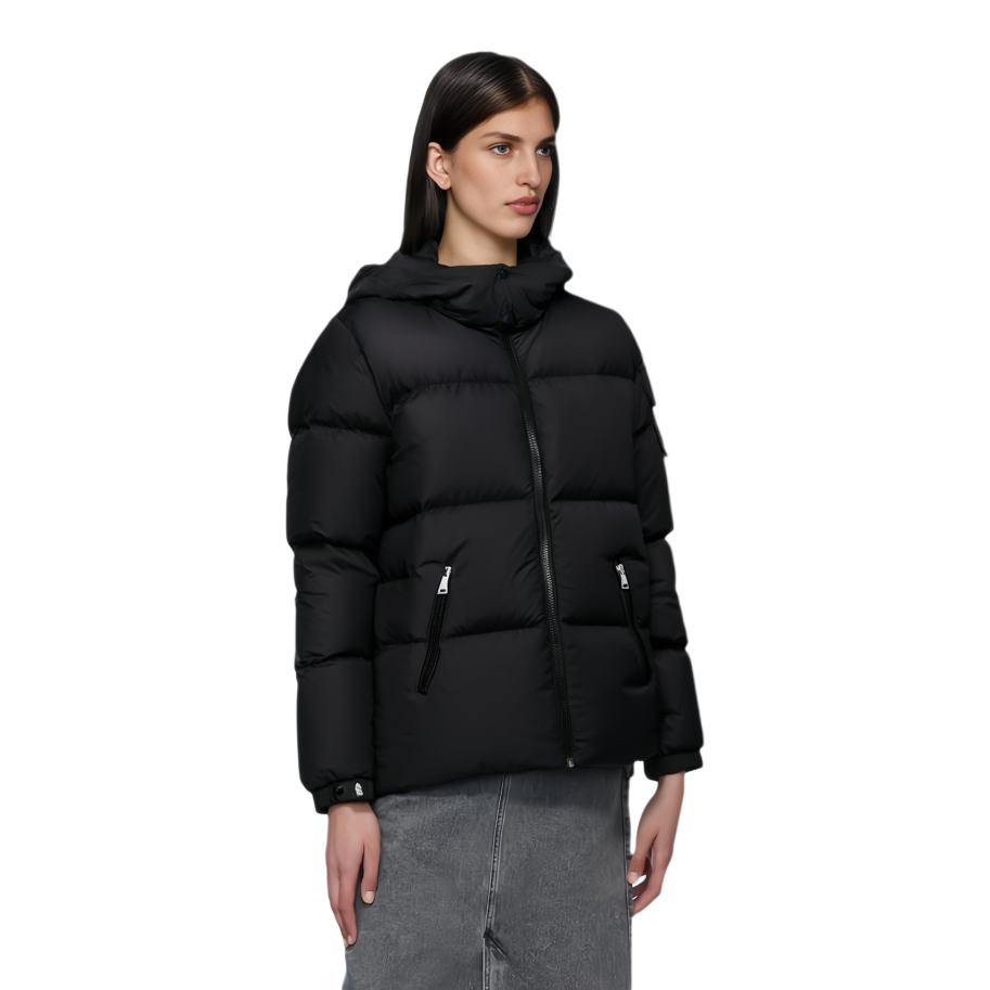 Shop (Women) Moncler Fourmines  Black Puffer Jacket with Hoodie and Zipper. J20931A0016054A81999