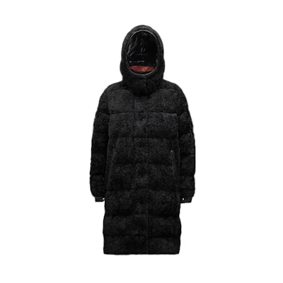 (Women) Moncler FW21 Long Fleece Down Jacket with Logo Patch Black. G20931C0005954AM6999