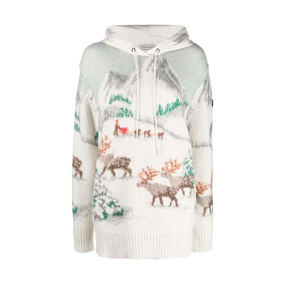 (Women) Moncler FW21 White Knitted Cashmere Hoodie with Pattern Design. G20939G00003M1224075