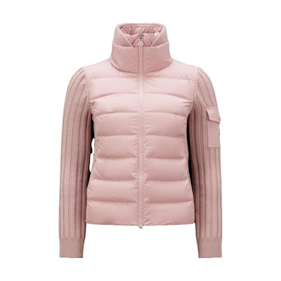 (Women) Moncler FW23 Pink Wool Cardigan High-Neck Cashmere Sweater with Logo. I20939B00024M113151A