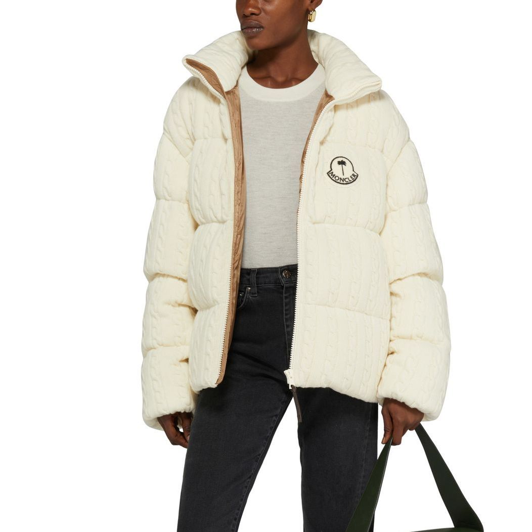 Shop (W) MONCLER GENIUS x PALM ANGELS Jaket Down Zip-Up Bertekstur Off-White. I209L1A00015M3608032