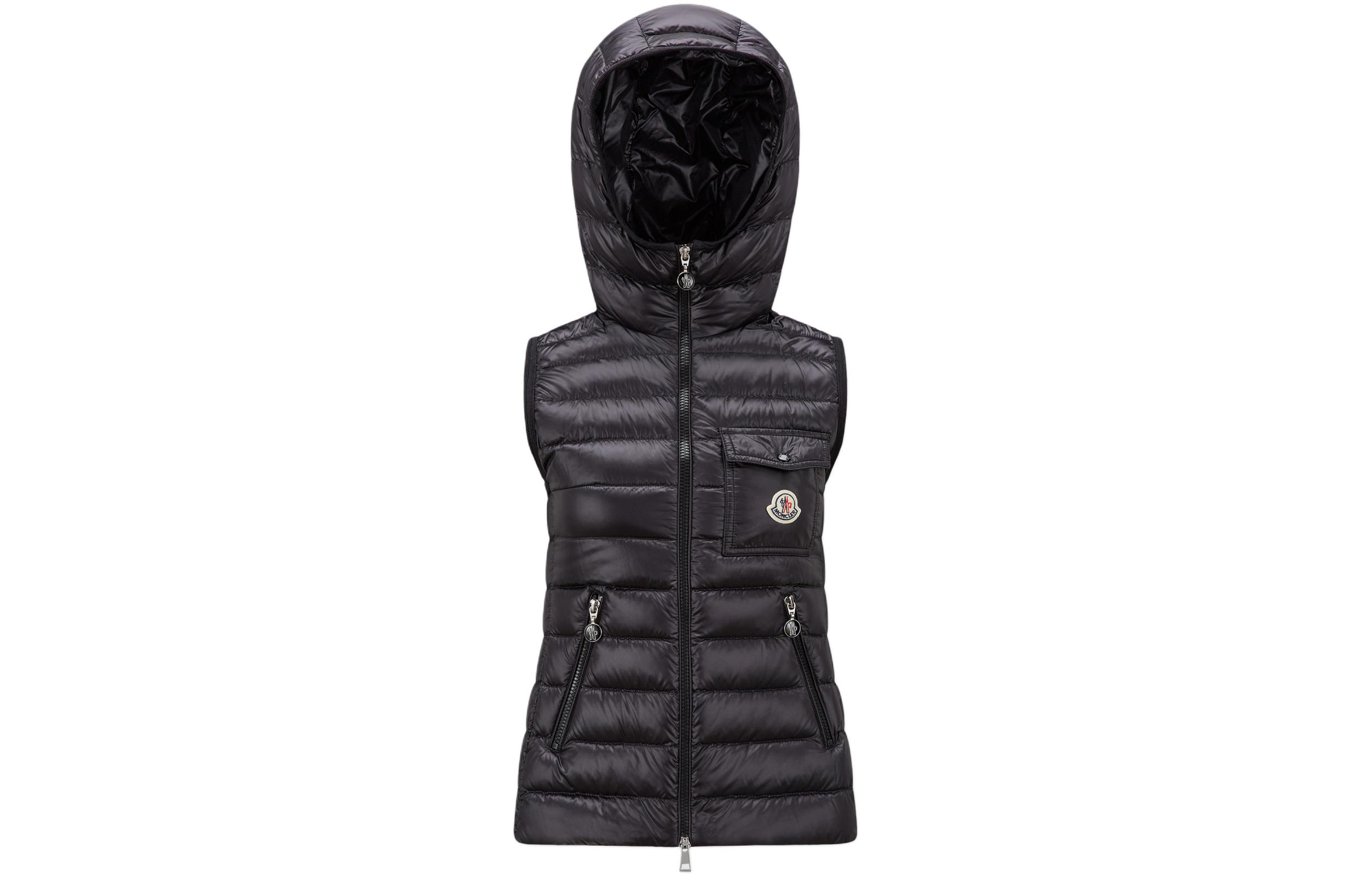 (Women) Moncler GLYGOS  Black Hooded Sleeveless Down Vest with Logo & Pockets J10931A00063595ZZ999