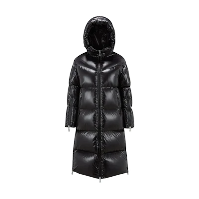 (Women) Moncler Huppelong Glossy Logo Print Hooded Long Down Jacket Women Black I20931C000365963V99C