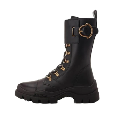 (W) Moncler Leather Round-Toe Lace-Up Boots 'Black'