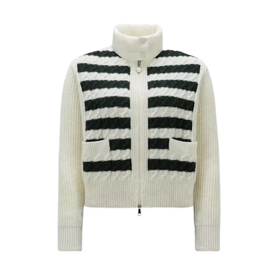 (Women) Moncler Padded Corduroy Wool High Neck Striped Cardigan Jacket White for Women J10939B00004M1241P70