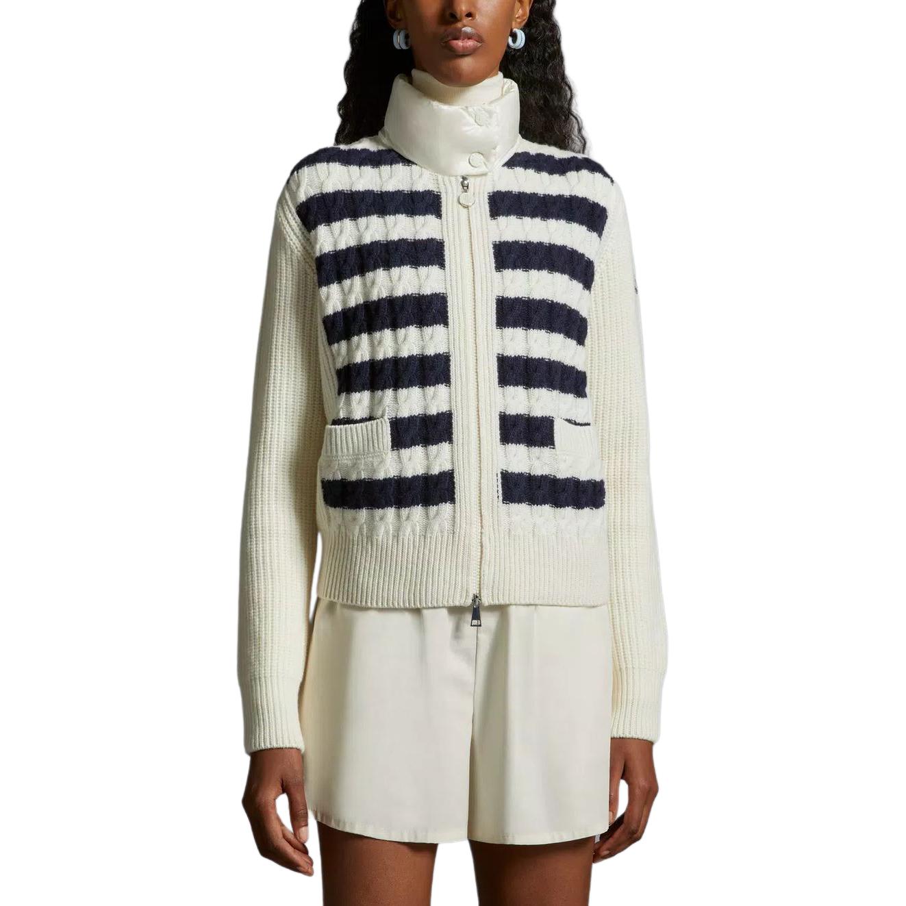 Shop (W) 몽클레어 여성용 패딩 코듀로이 울 하이넥 스트라이프 가디건 자켓 화이트 J10939B00004M1241P70