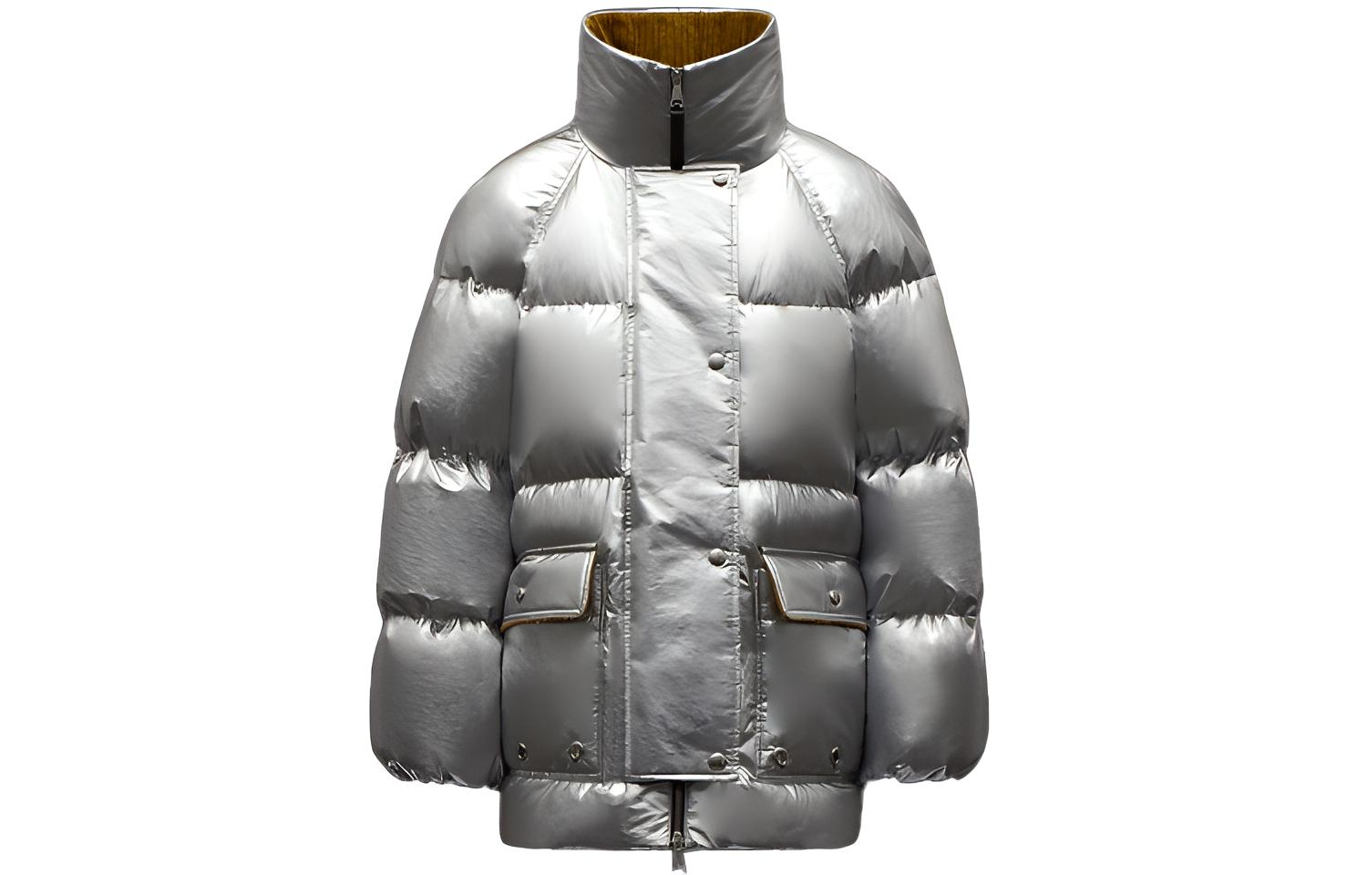 (Women) Moncler Paquita FW21 Silver Shiny Down Jacket with Stand Collar. 0941A00011M1227900