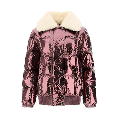 (Women) Moncler Pink Down Jacket with Metallic Sheen and Fur Collar - Winter. 1A5750054AEL