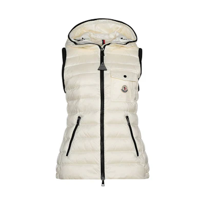 (Women) Moncler SS21 White Hooded Down Vest with Logo Patch. 1A129005396Q034