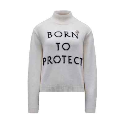 (Women) Moncler SS22 White Wool Sweater High Collar Slogan Embroidered Pullover. H10939F00005M1639002