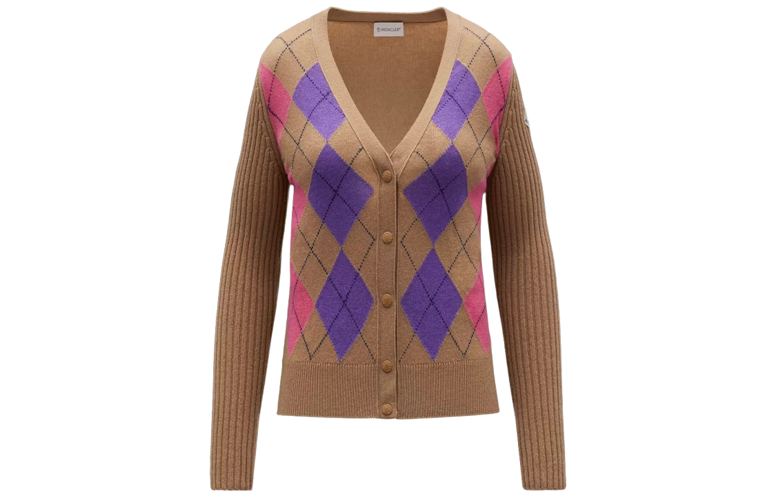 Buy (Women) Moncler SS22  Wool Diamond Pattern Cardigan - Walnut Brown. H10939B00018M1546234