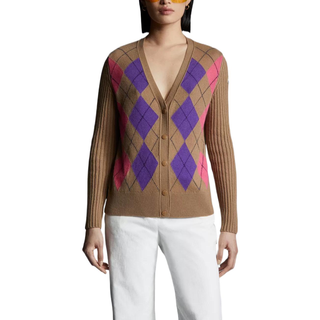 Shop (Women) Moncler SS22  Wool Diamond Pattern Cardigan - Walnut Brown. H10939B00018M1546234