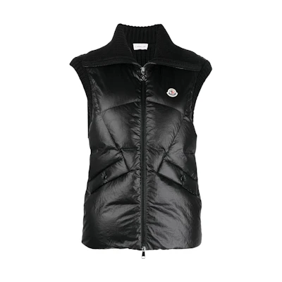 (Women) Moncler SS23 Black Solid Color Collared Patchwork Vest. I20939I00002M2089-999