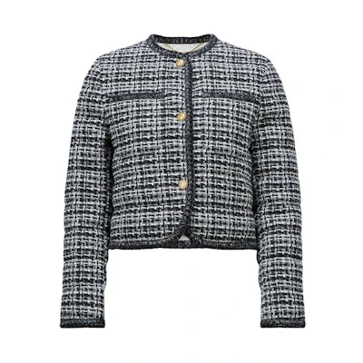 (Women) Moncler SS24 Blue Tweed Short Down Jacket Long Sleeve Chanel Style. J10931A00052597IIF70