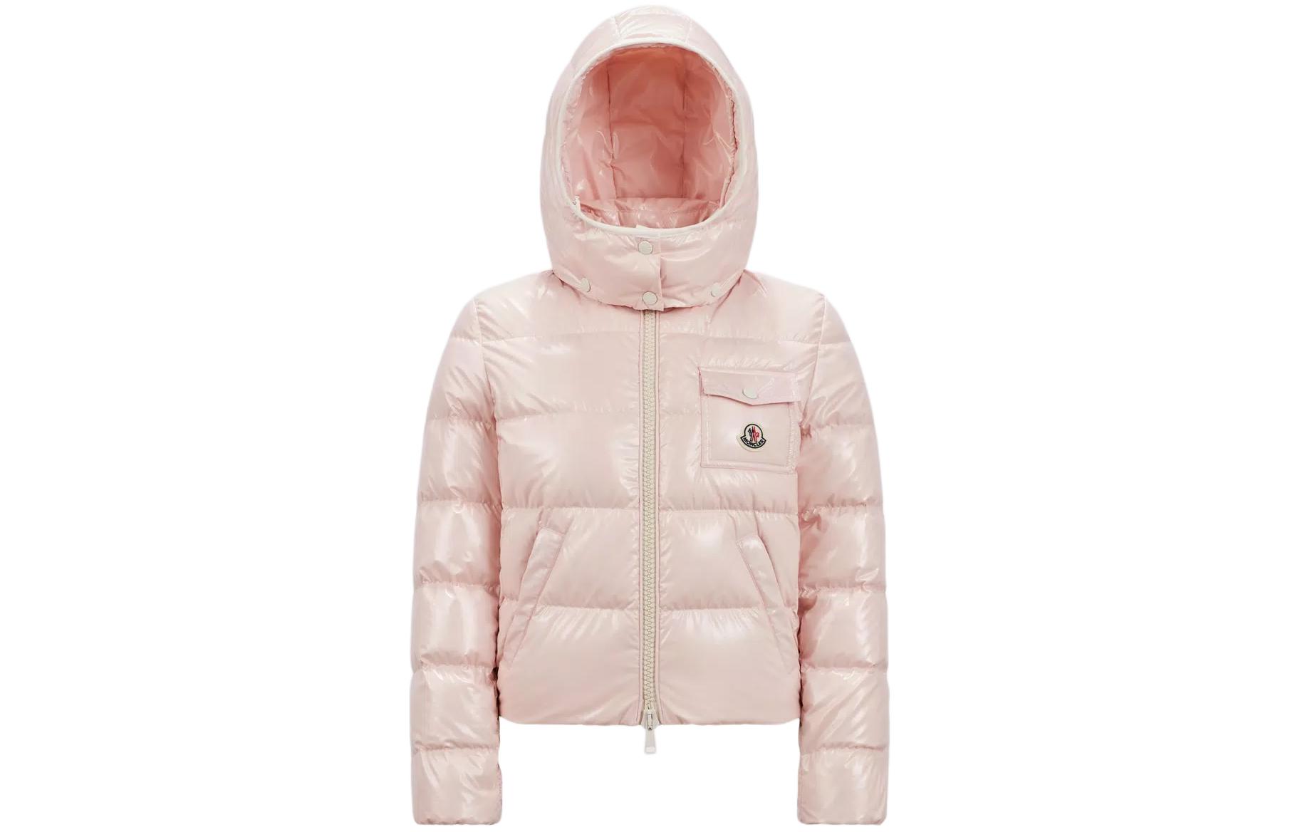 (Women) Moncler SS24  Pink Glossy Quilted Hooded Down Jacket with Logo Badge. J10931A00002597EU519