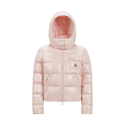 (Women) Moncler SS24 Pink Glossy Quilted Hooded Down Jacket with Logo Badge. J10931A00002597EU519