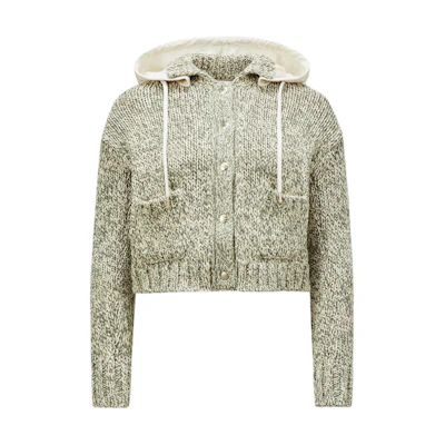(Women) Moncler SS24 White/Green Hooded Knit Cardigan with Button Design. J10939B00023M4086P08