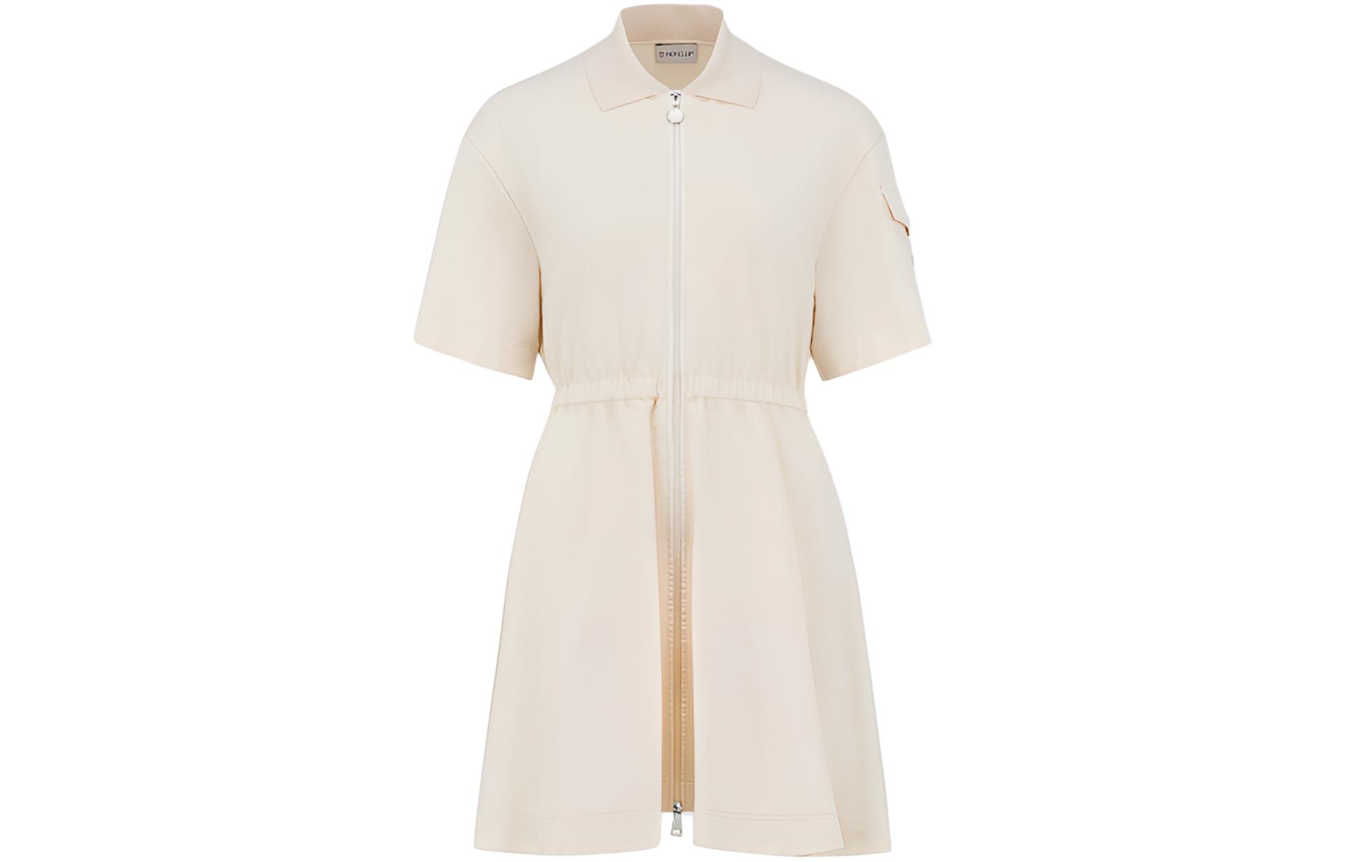 (Women) Moncler SS24  White Polo Collar Drawstring Waist Fleece Dress. J10938I0000889A1K060