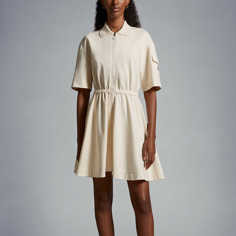 Shop (Women) Moncler SS24  White Polo Collar Drawstring Waist Fleece Dress. J10938I0000889A1K060