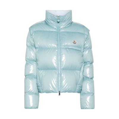 (Women) Moncler SS24 Almo Logo Detachable Sleeve Short Puffer Jacket Women Light Blue 1A000045960776R