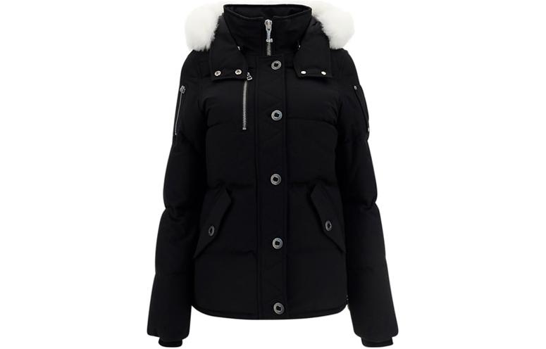 Order (W) Moose Knuckles 黑色鹅绒外套可拆帽子带标志补丁. M32LJ129S-1001