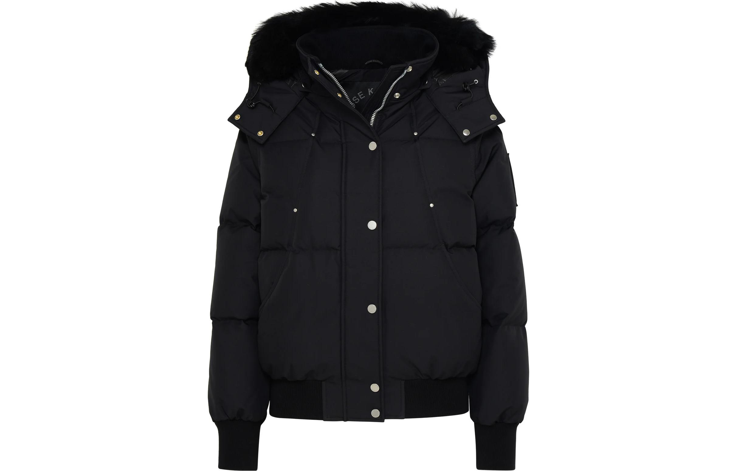 Order (W) Moose Knuckles 黑色寬鬆連帽羽絨外套大衣。 M33LB017S-305