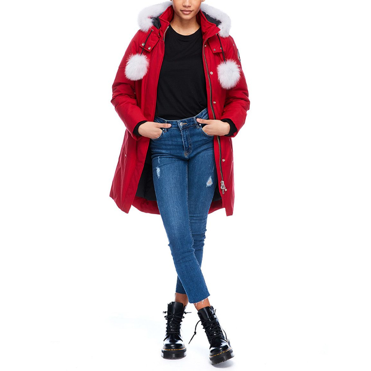 Lookbook (W) 무스너클 FW21 스털링 클래식 로고 레드 여성용 퍼 트림 미드기장 파카. MK2003LP-704