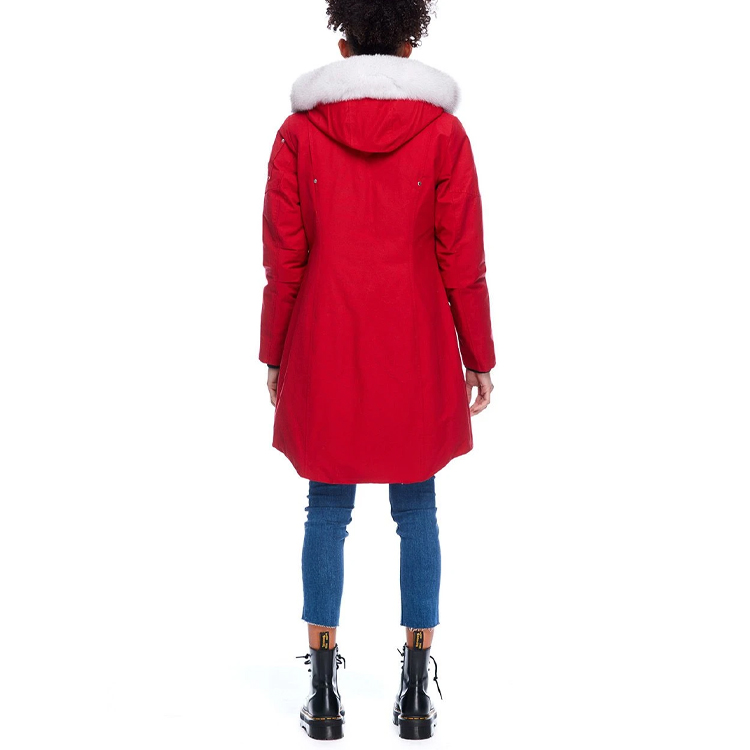 Shop (W) 무스너클 FW21 스털링 클래식 로고 레드 여성용 퍼 트림 미드기장 파카. MK2003LP-704