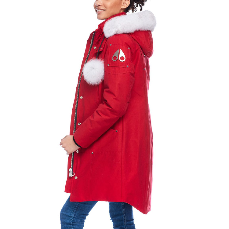 Details for (W) 무스너클 FW21 스털링 클래식 로고 레드 여성용 퍼 트림 미드기장 파카. MK2003LP-704