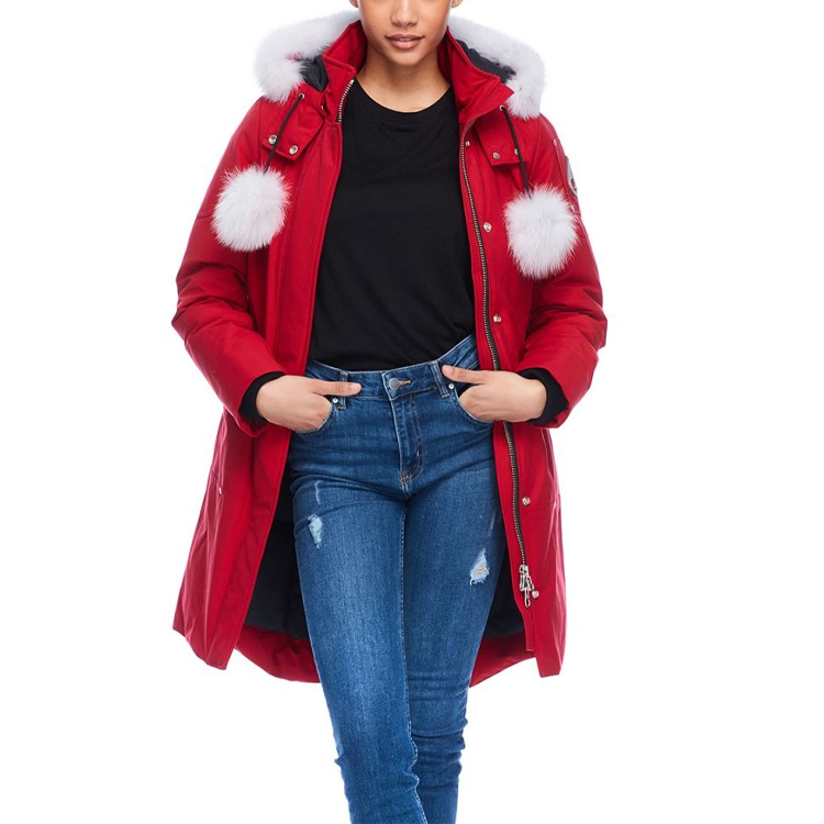 Sizing (W) 무스너클 FW21 스털링 클래식 로고 레드 여성용 퍼 트림 미드기장 파카. MK2003LP-704