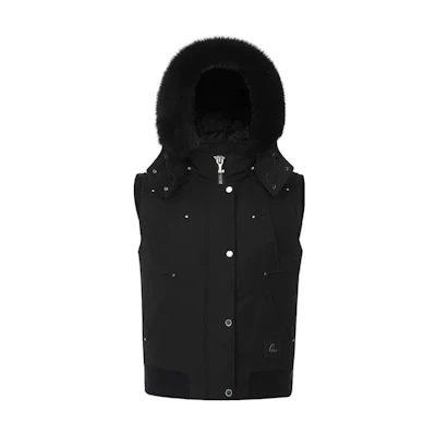 (Women) Moose Knuckles FW22 Black Down Hooded Vest Straight-Cut Zipper Design. M32LV47708