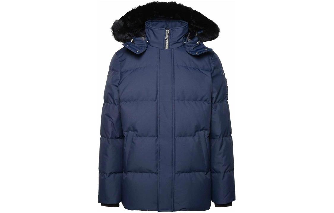 (Women) Moose Knuckles Solid Navy Blue Hooded Zip Puffer Jacket Long Sleeve M32MJ178S-546