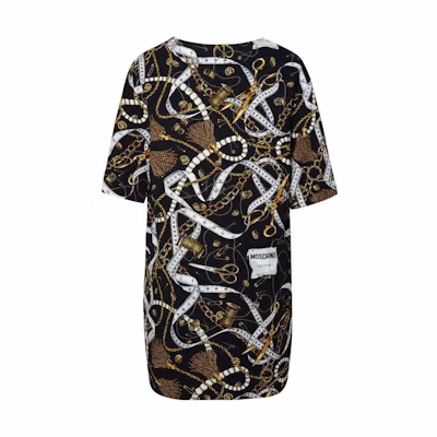 (Women) MOSCHINO Black All-Over Print Mid-Length Short Sleeve Dress. J0461-5555-1555