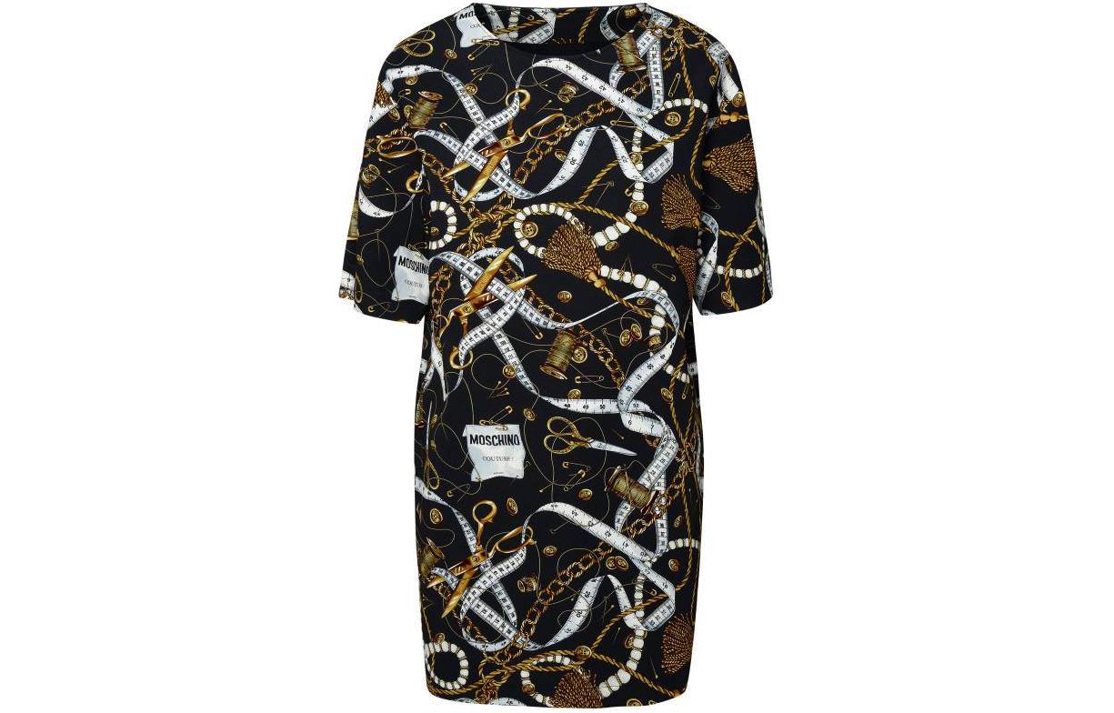 Lookbook (W) MOSCHINO Vestido Negro Estampado Total Manga Corta y Largo Medio. J0461-5555-1555