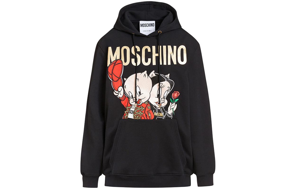 (Women) MOSCHINO  Black Hoodie with Letter Pig Print Design. D1A1779-1027-1555