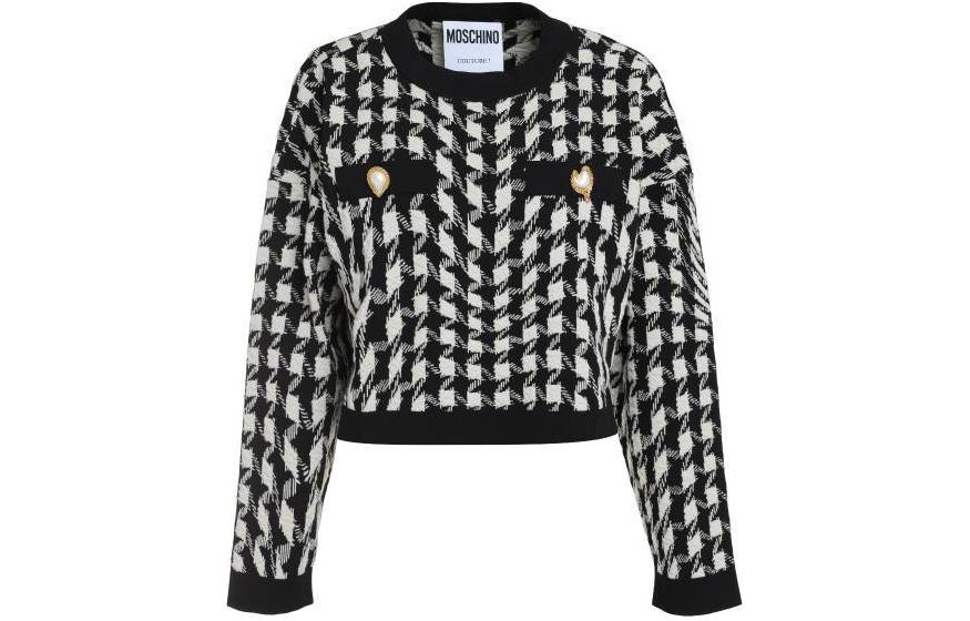 (Women) MOSCHINO  Black Houndstooth Loose Fit Knit Pullover Sweater. 0907-5402-1555