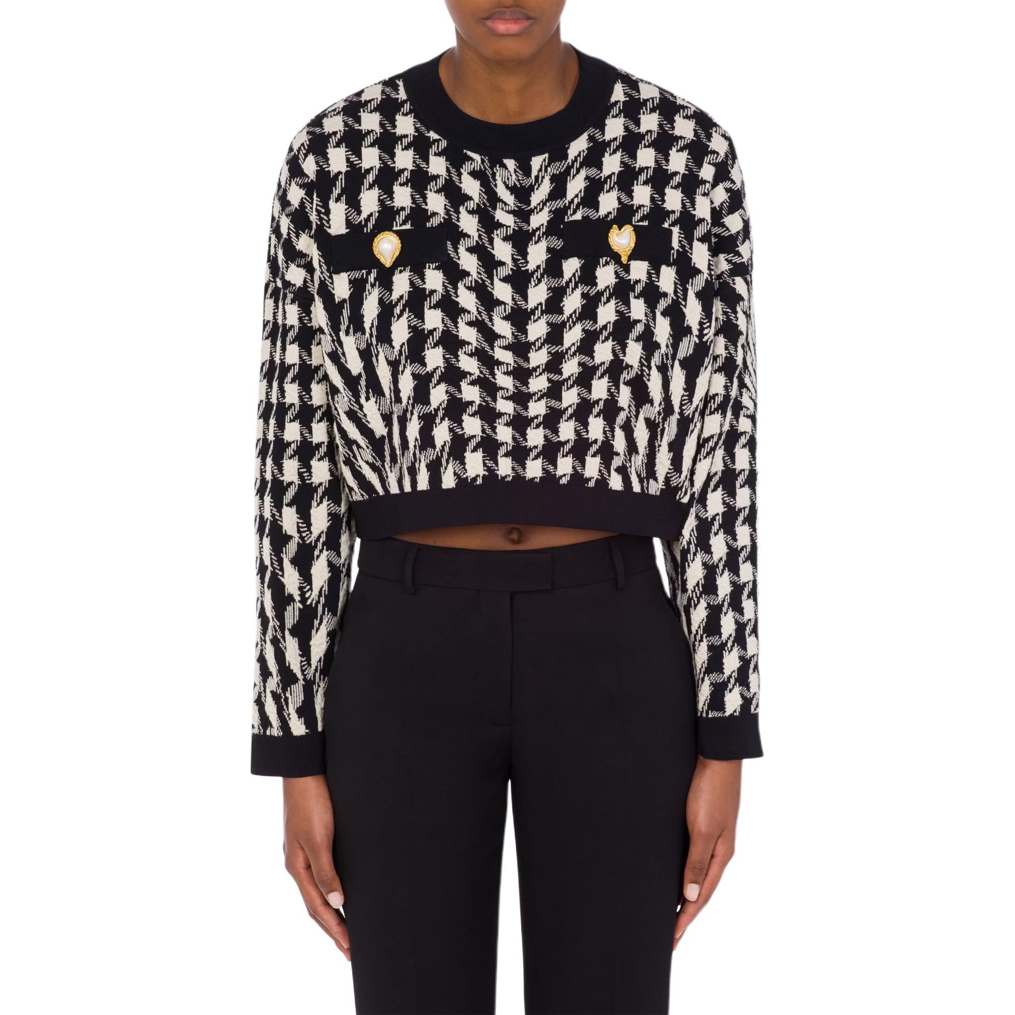 Shop (W) モスキーノ ブラック ハウンドトゥース ルーズフィット ニットプルオーバーセーター 0907-5402-1555