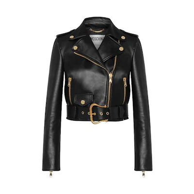 (Women) MOSCHINO Black Leather Biker Jacket FW22 Short Solid Design. J3706-5470-3555