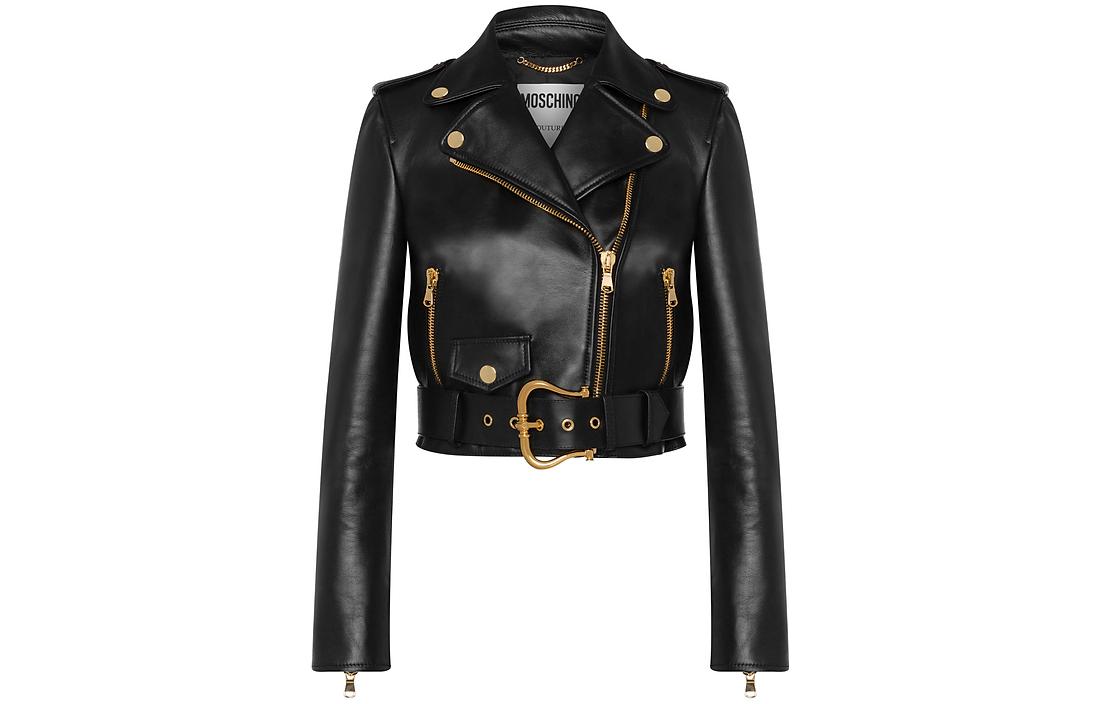 Order (W) MOSCHINO Chaqueta Biker de Cuero Negro FW22 Diseño Sólido Corto. J3706-5470-3555