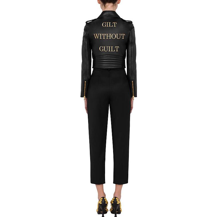 Shop (W) MOSCHINO Chaqueta Biker de Cuero Negro FW22 Diseño Sólido Corto. J3706-5470-3555