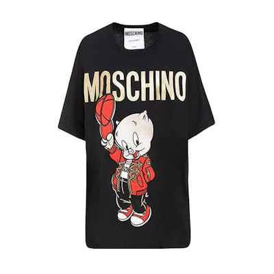 (Women) MOSCHINO Black Letter Print Crew Neck T-Shirt. D1A0779-1040-1555-201