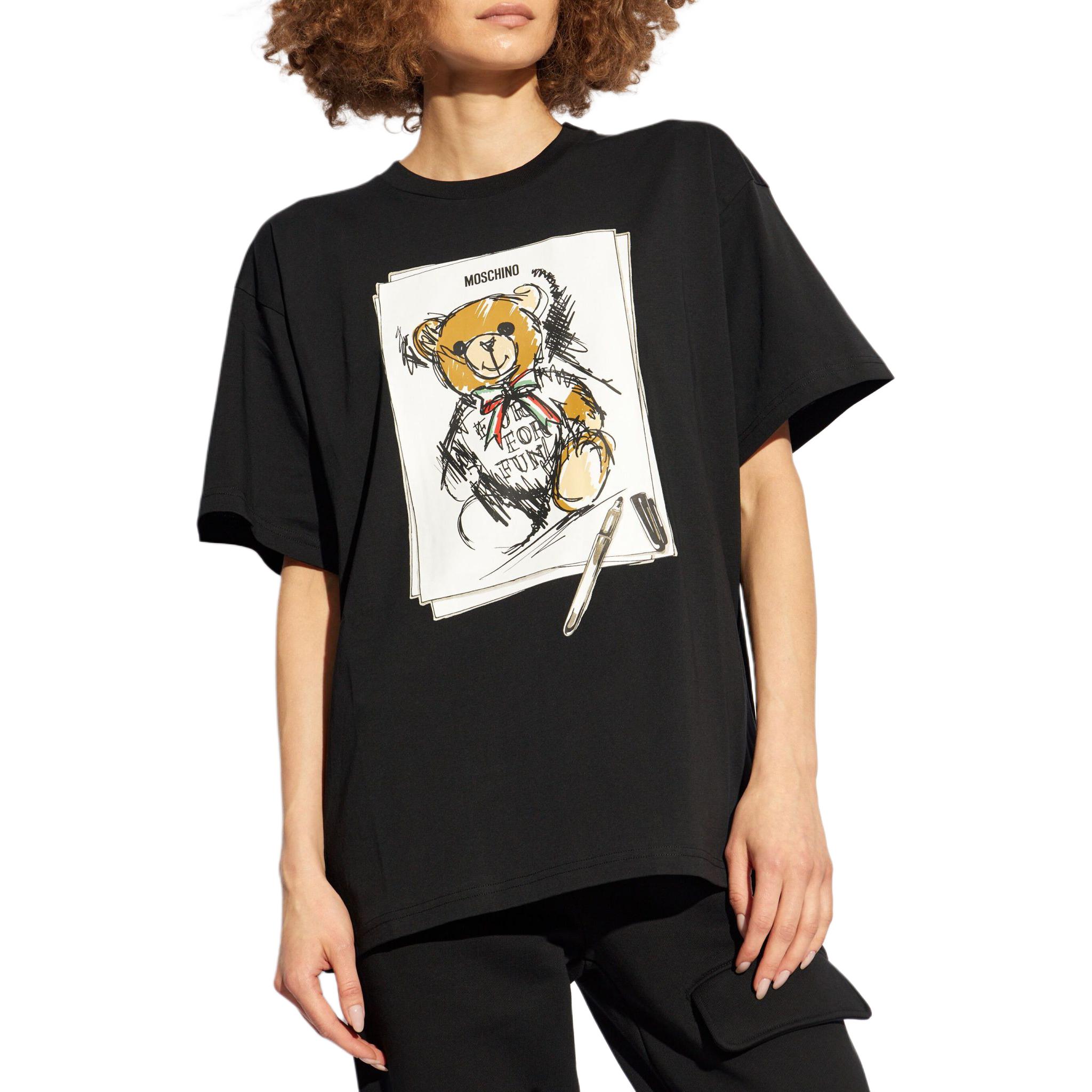 Shop (W) 모스키노 블랙 로고 프린트 코튼 오버사이즈 반팔 티셔츠. V070455411555