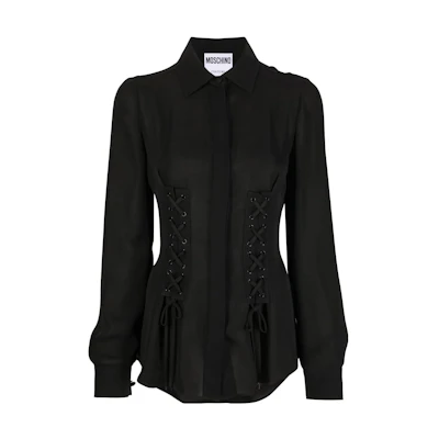 (Women) MOSCHINO Black Long Sleeve Shirt with Corset-Style Details FW22. A0218-5537-0555