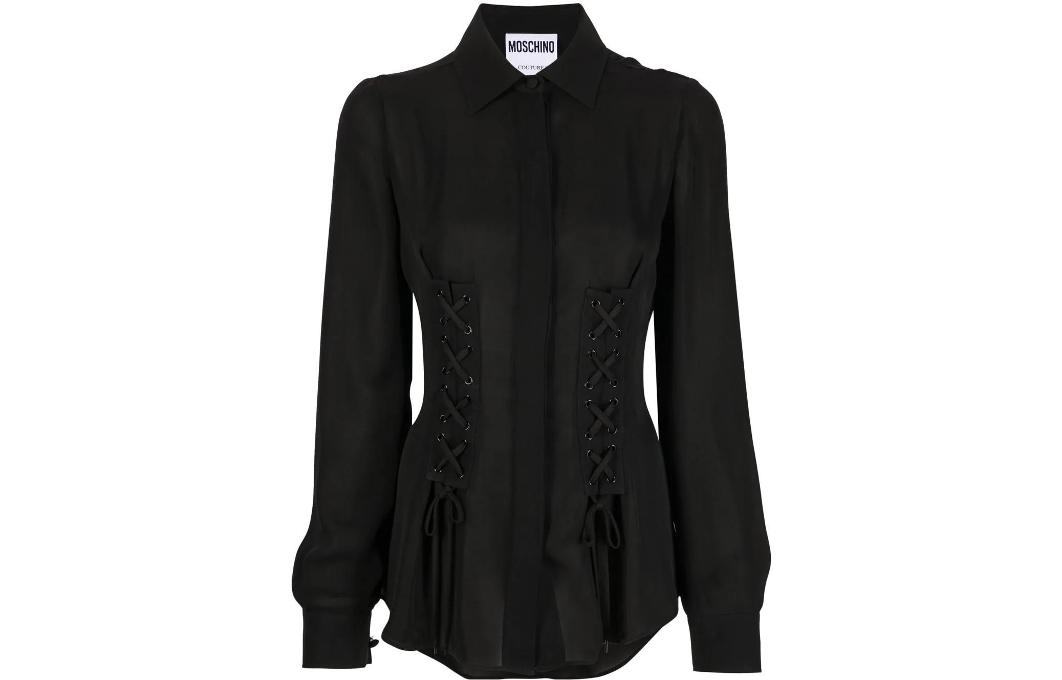 Order (W) MOSCHINO Camisa Negra Manga Larga con Detalles Estilo Corsé FW22. A0218-5537-0555