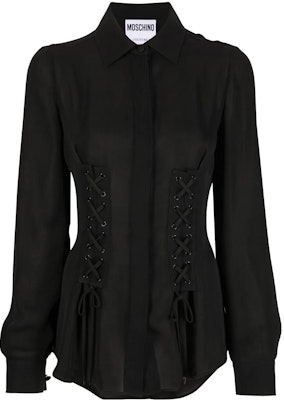 (W) MOSCHINO Camisa Negra Manga Larga con Detalles Estilo Corsé FW22. A0218-5537-0555 Order (W) MOSCHINO Camisa Negra Manga Larga con Detalles Estilo Corsé FW22. A0218-5537-0555