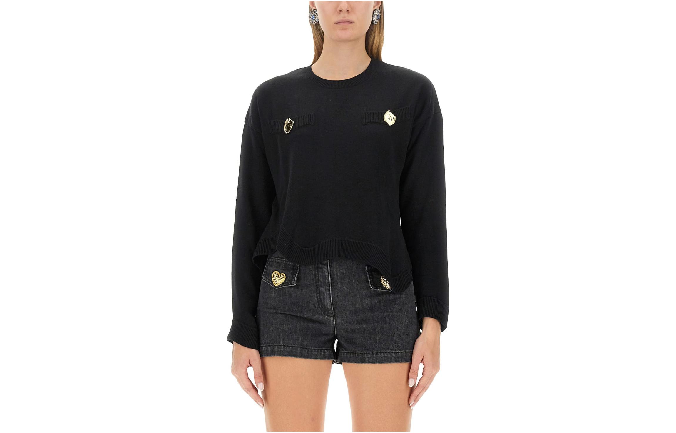(Women) MOSCHINO  Black Solid Crewneck Slim Fit Long Sleeve Sweater. 0911-5400-0555