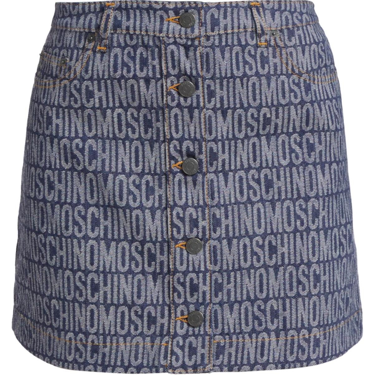 (Women) MOSCHINO  Blue Denim Mini Skirt with All-Over Letter Print. POIZON24060680
