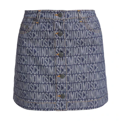 (Women) MOSCHINO Blue Denim Mini Skirt with All-Over Letter Print. POIZON24060680