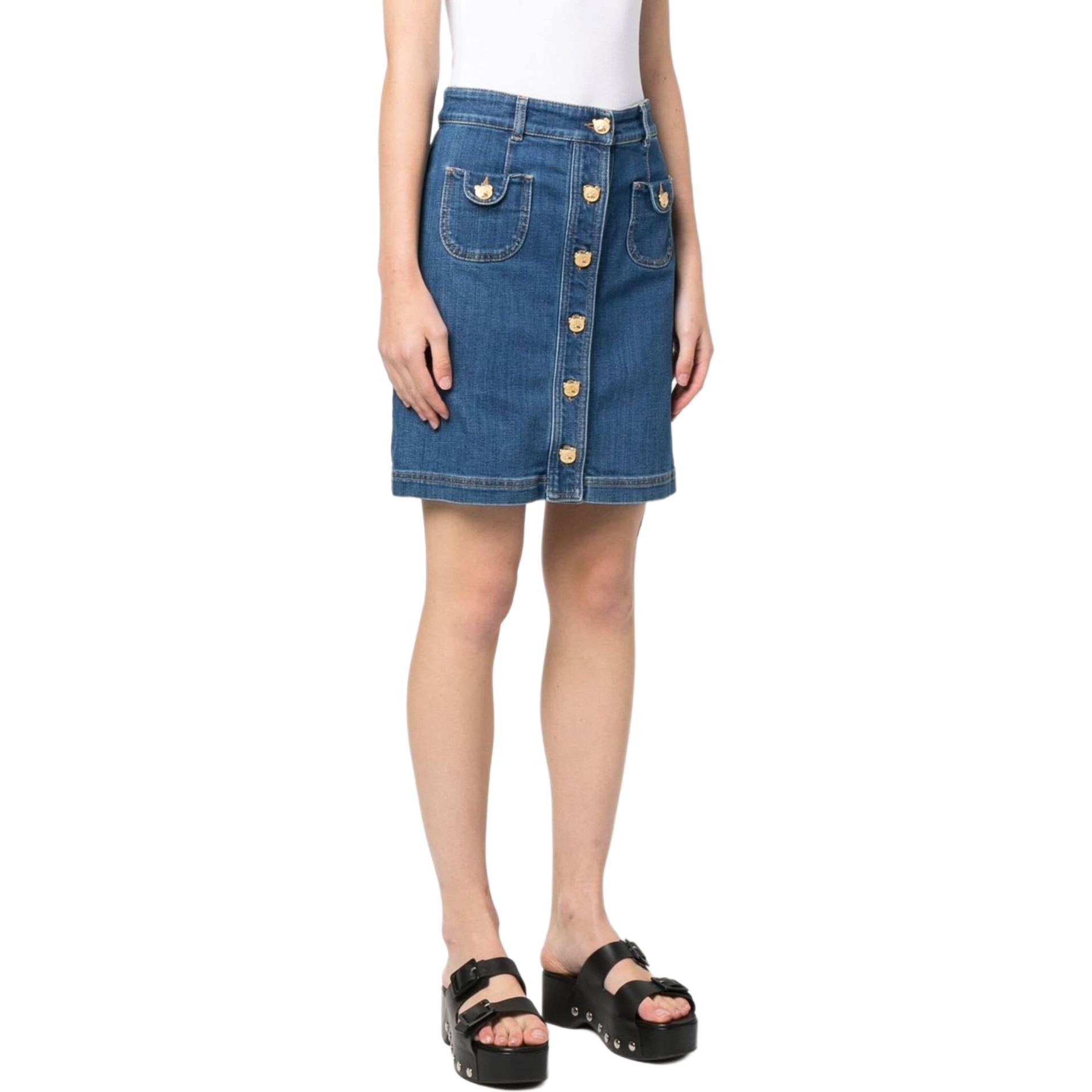 Lookbook (W) 모스키노 블루 데님 미니 스커트 버튼 클로저 사이드 포켓 WA0118-0522-0295